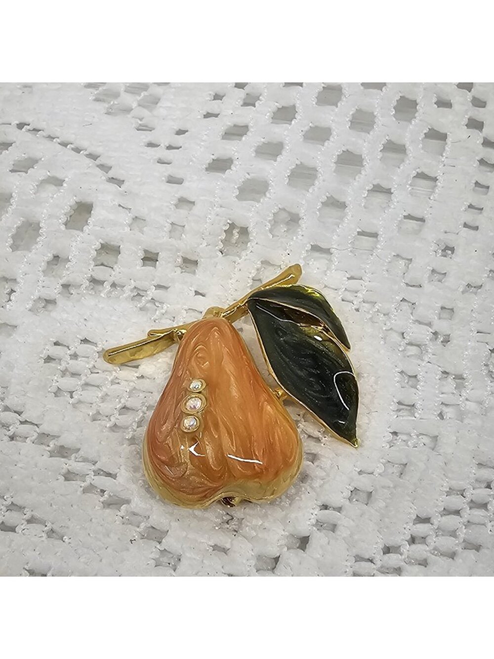 Vintage Gold-Toned Enameled Pear w Three Rhinestones & Green Leaves Brooch Pin